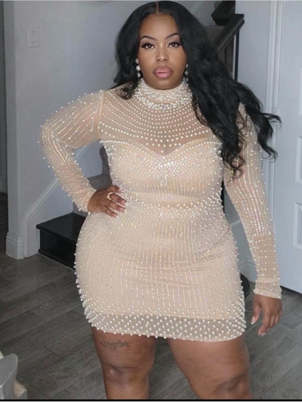 Nude Long-Sleeve Pearl-Embellished Bodycon Dress